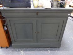 A LARGE PAINTED PINE SIDE CABINET.