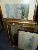 A 19th.C.OIL PAINTING, A SMALL WATERCOLOUR AND VARIOUS PRINTS.
