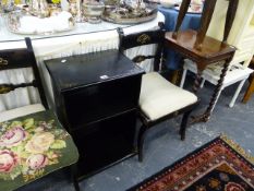 A PAIR OF EBONISED REGENCY STYLE CHAIRS, AN EBONISED SIDE CABINET, BEDSIDE CABINET AND OTHER