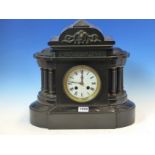 A BLACK SLATE CLOCK, THE DIAL FLANKED BY SIX BRONZE COLUMNS AND BELOW A CLASSICAL FRIEZE, THE FRENCH