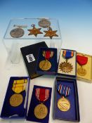 A COLLECTION OF FIVE BOXED AMERICAN WORLD WAR II MEDALS, TWO OTHER MEDALS AND A BRITISH WORLD WAR II