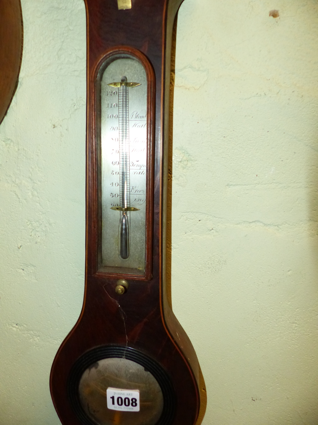 A MAHOGANY WHEEL BAROMETER, THE BROKEN PEDIMENT ABOVE DRY/DAMP DIAL, MERCURY THERMOMETER, CONVEX - Image 4 of 5