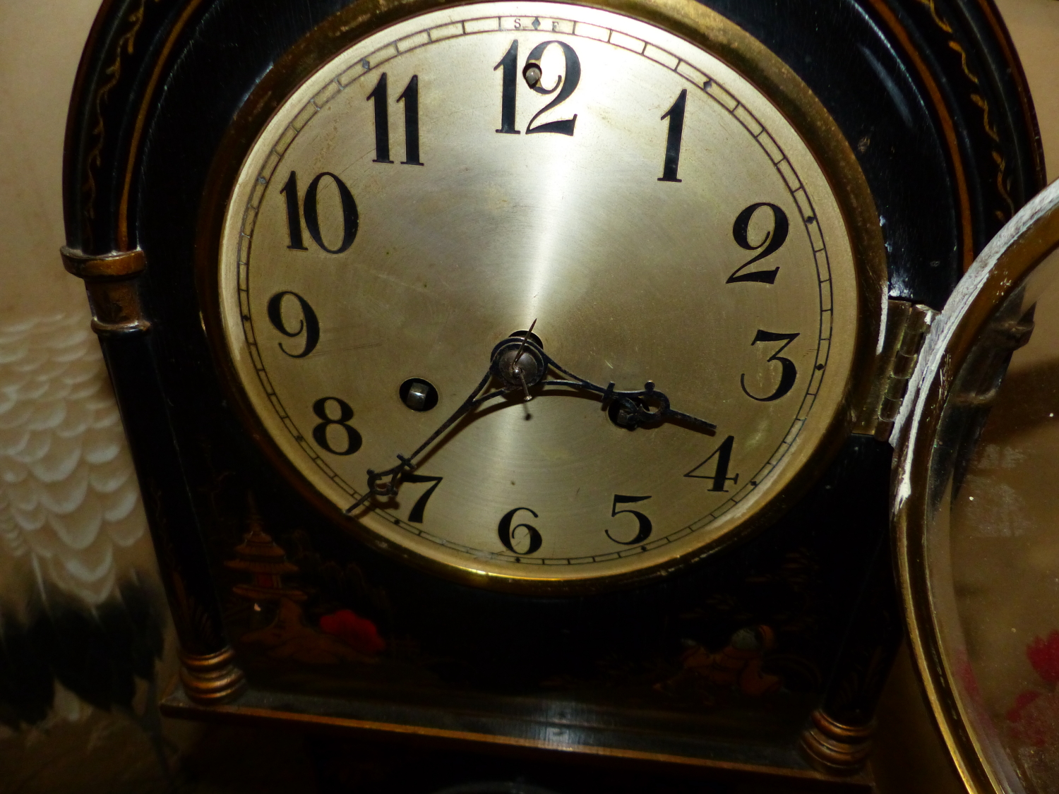 A CHINOISERIE PAINTED BLACK LACQUER GRANDMOTHER CLOCK WITH THE EMBEE MOVEMENT STRIKING ON A COILED - Image 10 of 10