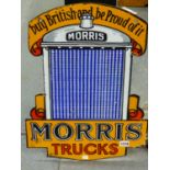 A DOUBLE SIDED ENAMEL SIGN FOR MORRIS TRUCKS MODELLED AS A BLUE RADIATOR GRILL BETWEEN BLACK