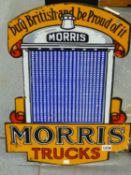 A DOUBLE SIDED ENAMEL SIGN FOR MORRIS TRUCKS MODELLED AS A BLUE RADIATOR GRILL BETWEEN BLACK