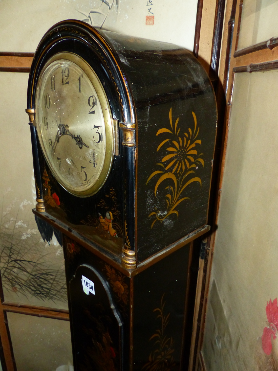 A CHINOISERIE PAINTED BLACK LACQUER GRANDMOTHER CLOCK WITH THE EMBEE MOVEMENT STRIKING ON A COILED - Image 7 of 10