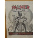 A BLACK AND RED PRINTED ADVERT FOR PALMER TYRES DESIGNED BY D PARR, WITHIN GILT SLIP AND OAK