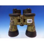 A PAIR OF WORLD WAR II BINOCULARS BLACK RUBBER MOUNTED AT EITHER END OF THE GREEN PAINTED