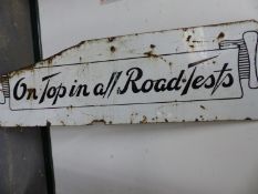 ENAMEL SIGN "ON TOP IN ALL ROAD TESTS", 155 x 47cms.