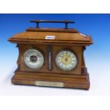 A 1901 PRESENTATION WALNUT CASED ANEROID BAROMETER, MERCURY THERMOMETER AND CLOCK. W 30.5 x 25.