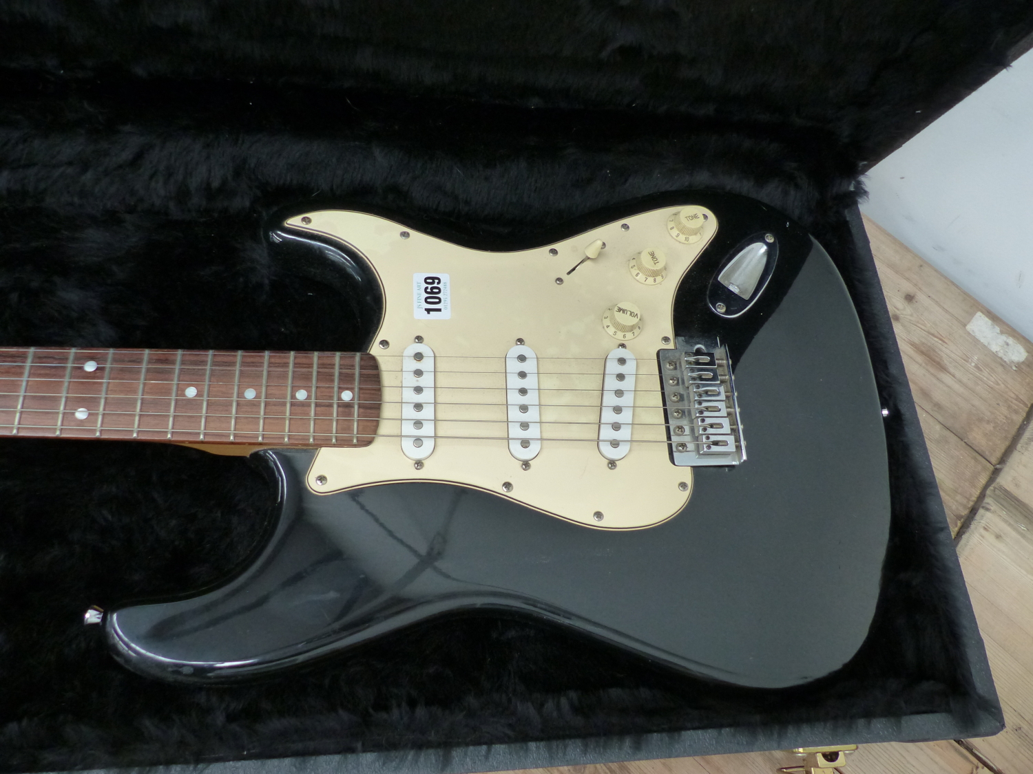 A SQUIRE STRAT BLACK BODY ELECTRIC GUITAR IN CARRYING CASE. - Image 2 of 32