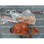 A LEATHER CARTRIDGE BAG, A CARTRIDGE BELT, A GUN CLEANING KIT AND A SHOOTING STICK.