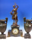 A SPELTER AND VARIEGATED GREEN MARBLE CLOCK GARNITURE, THE JAPY FRERES MOVEMENT COUNTWHEEL