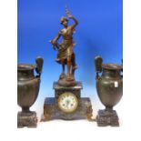 A SPELTER AND VARIEGATED GREEN MARBLE CLOCK GARNITURE, THE JAPY FRERES MOVEMENT COUNTWHEEL