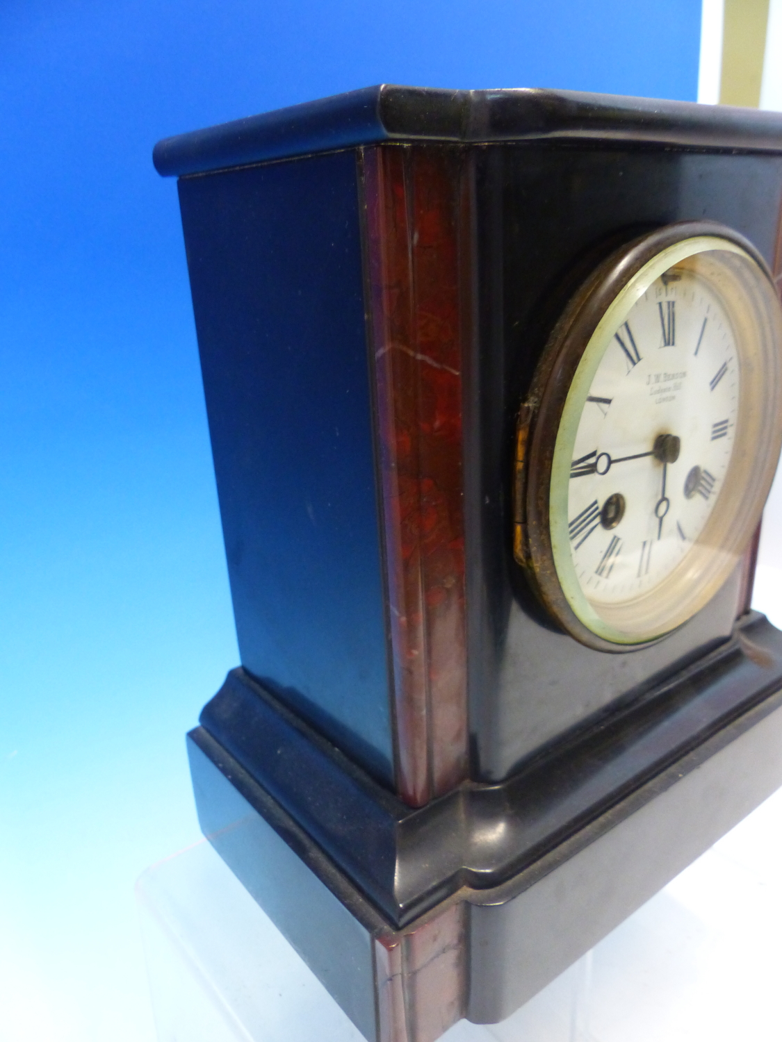 A BLACK SLATE CLOCK RETAILED BY J W BENSON NAMED ON THE DIAL BETWEEN TWO RED STONE COLUMNS AND ON - Image 4 of 7