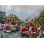 A GROUP OF THREE OIL ON BOARD STUDIES OF CANAL BOAT SCENES BY TIM NEEDLE. LARGEST 153 x 76cms.