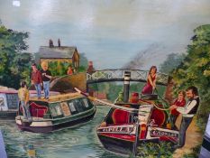 A GROUP OF THREE OIL ON BOARD STUDIES OF CANAL BOAT SCENES BY TIM NEEDLE. LARGEST 153 x 76cms.