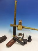 THREE VARIOUS TELESCOPES, A LEATHER CASED SURVEYING INSTRUMENT, A SCHNEIDER COMPONON LENS, A CASED X