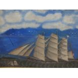 A 19th.C. DIORAMA OF A THREE MASTED CLIPPER WITHIN GLAZED FRONT CASE, PAINTED WATERLINE AND SKY.