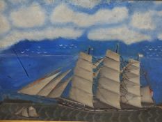 A 19th.C. DIORAMA OF A THREE MASTED CLIPPER WITHIN GLAZED FRONT CASE, PAINTED WATERLINE AND SKY.