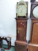 AN OAK LONG CASE CLOCK, THE PAINTED DIAL WITH ARABIC NUMERALS AND WITH BRITTANIA IN THE ARCH WITH