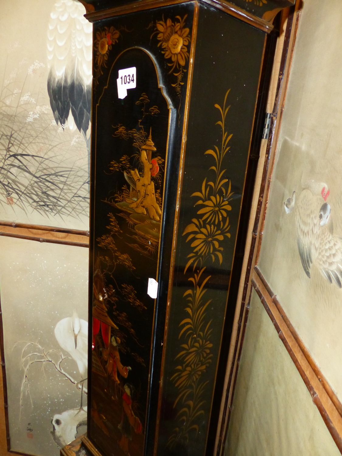 A CHINOISERIE PAINTED BLACK LACQUER GRANDMOTHER CLOCK WITH THE EMBEE MOVEMENT STRIKING ON A COILED - Image 8 of 10