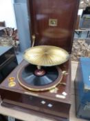 A MAHOGANY CASED HMV MODEL 460 WIND UP GRAMOPHONE RETAILED BY PIGGOTTS OF LIMERICK, THE PLAYING