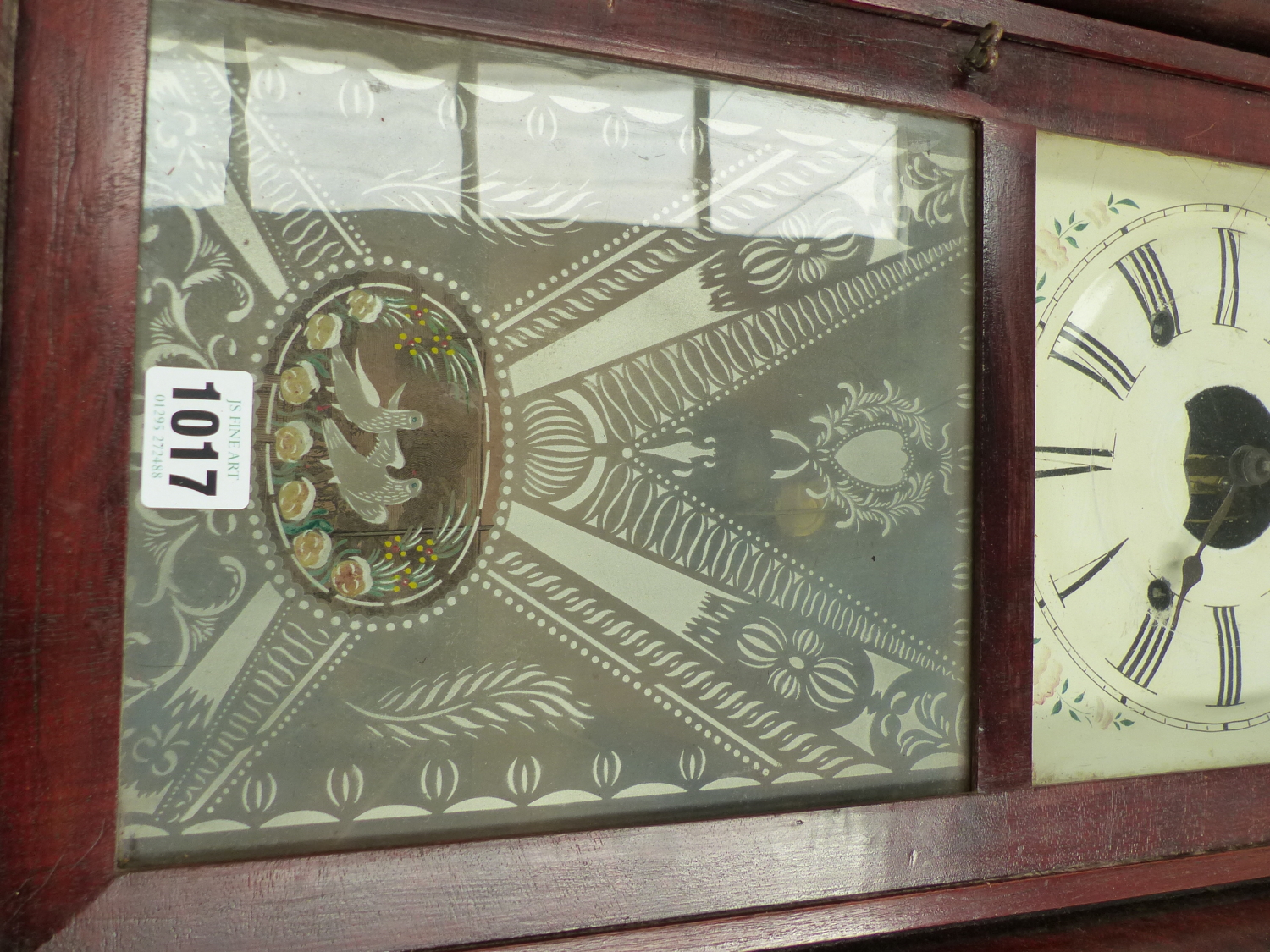 A GLAZED MAHOGANY WALL CLOCK BY BIRGE, BECK & Co. BRISTOL, CONN. THE PENDULUM MOVEMENT STRIKING ON A - Image 3 of 10