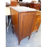 A MAHOGANY RECORD CABINET ON FOUR TAPERING SQUARE LEGS, THE PULL DOWN FRONT REVEALING A BAIZE