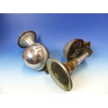TWO LUCAS CAR HORNS, THE CHROME TRUMPETS ON HEMISPHERICAL BASES, A COPPER FUNNEL AND AN OAK CASED