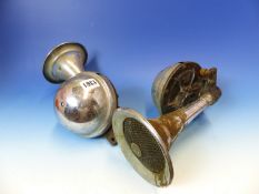 TWO LUCAS CAR HORNS, THE CHROME TRUMPETS ON HEMISPHERICAL BASES, A COPPER FUNNEL AND AN OAK CASED