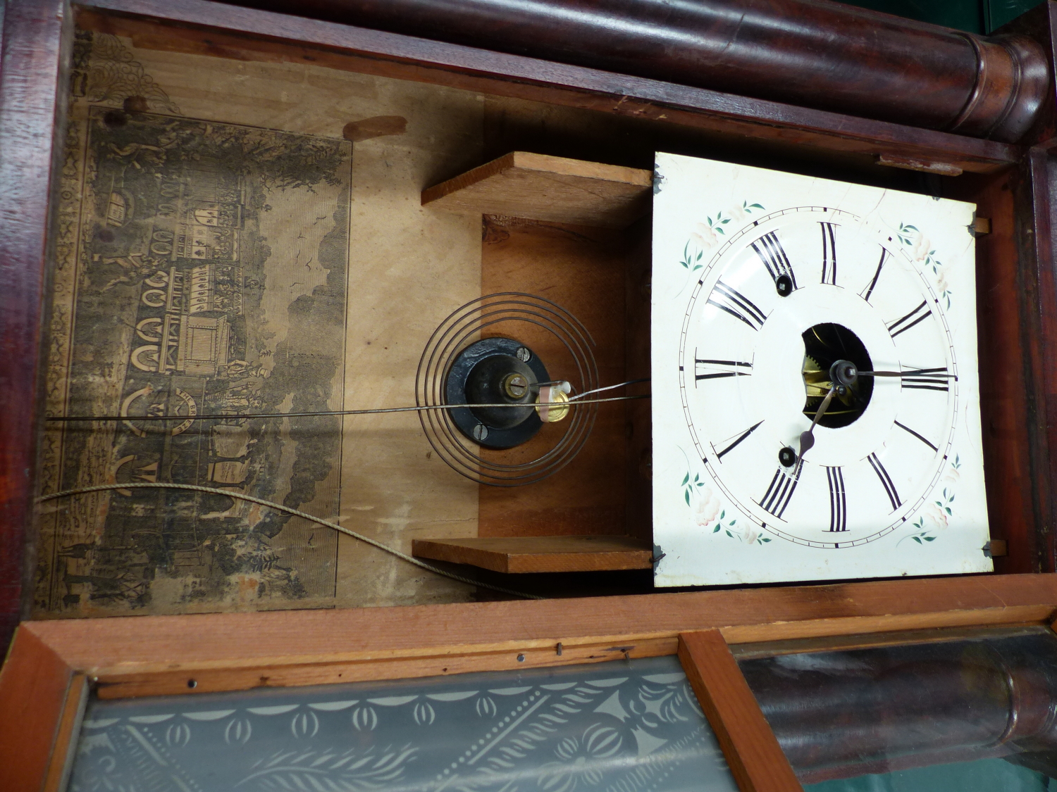 A GLAZED MAHOGANY WALL CLOCK BY BIRGE, BECK & Co. BRISTOL, CONN. THE PENDULUM MOVEMENT STRIKING ON A - Image 6 of 10