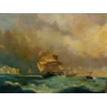 ENGLISH SCHOOL. A MARINE VIEW OF VESSELS OFF A HEADLAND, SIGNED INDISTINCTLY, OIL ON CANVAS. 69 x