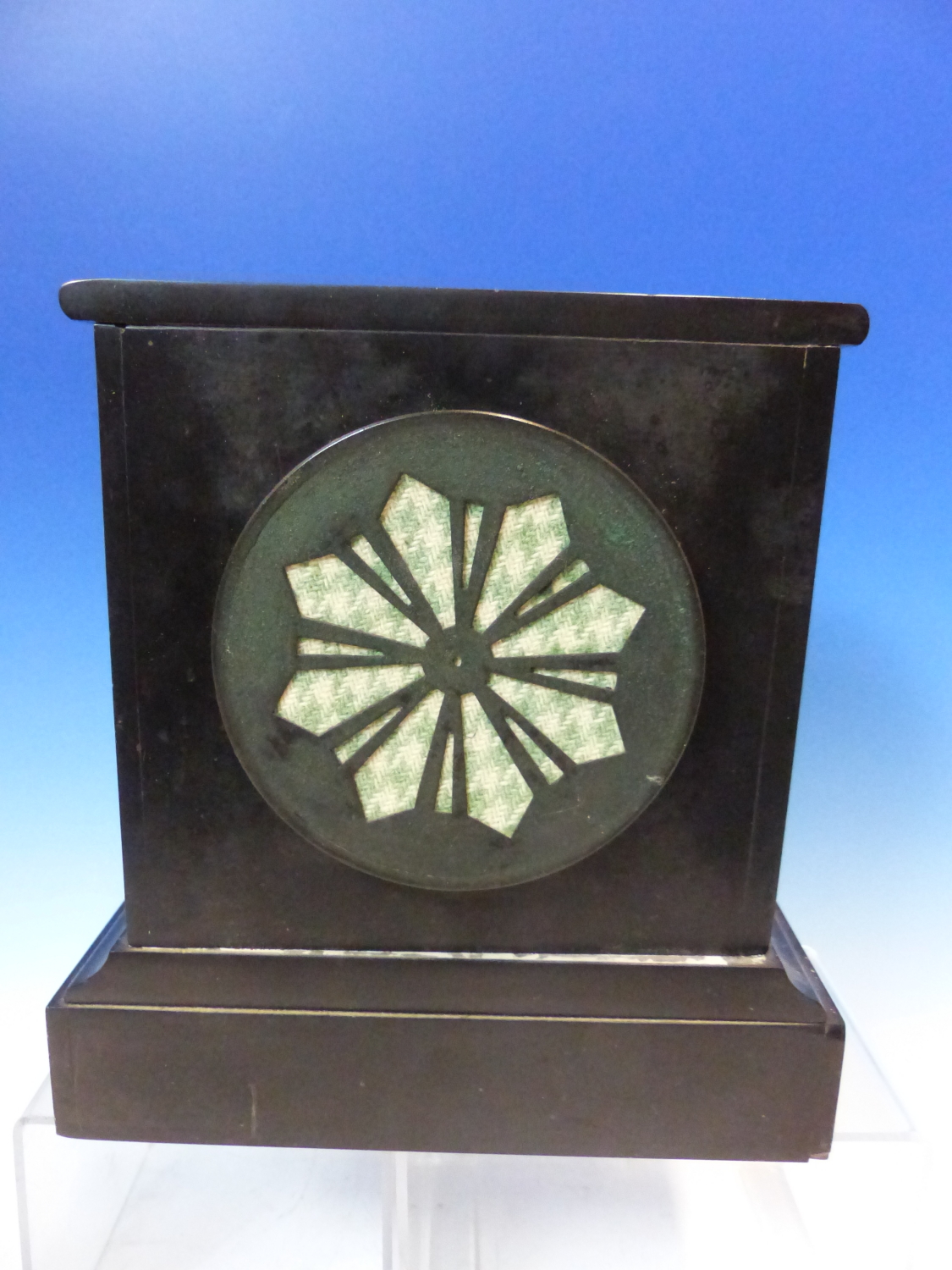 A BLACK SLATE CLOCK RETAILED BY J W BENSON NAMED ON THE DIAL BETWEEN TWO RED STONE COLUMNS AND ON - Image 6 of 7