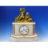 A 19th.C.ORMOLU AND WHITE MARBLE CLOCK SURMOUNTED BY TWO CHILDREN, THE PENDULUM MOVEMENT STRIKING ON