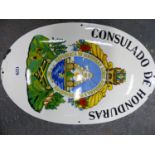 AN OVAL COLOUR PRINTED WHITE GROUND SIGN FOR CONSULADO DE HONDURAS. H 50 x 33cms.