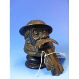 A BRUCE BAIRNSFATHER OLD BILL MOTORCYCLE MASCOT, THE MOUSTACHIOED SOLDIER WEARING A SCARF. H 10cms.