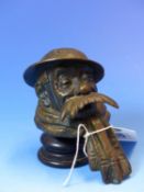 A BRUCE BAIRNSFATHER OLD BILL MOTORCYCLE MASCOT, THE MOUSTACHIOED SOLDIER WEARING A SCARF. H 10cms.