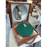 A DECCA WIND UP GRAMOPHONE RETAILED BY ALFRED HAYS, THE PLAYING ARM FITTING INTO THE ALUMINIUM SOUND