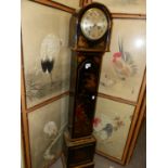 A CHINOISERIE PAINTED BLACK LACQUER GRANDMOTHER CLOCK WITH THE EMBEE MOVEMENT STRIKING ON A COILED