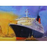 PETER J. RODGERS (CONTEMPORARY) ARR. THE QUEEN ELIZABETH II LEAVING NEW YORK, SIGNED WATERCOLOUR. 50