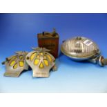 A LUCAS FOG LAMP. Dia. 15cms. TWO WING TOPPED AA BADGES, TOGETHER WITH A JUNIOR SHELL CAN FOR