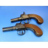 A PAIR OF 19TH CENTURY PERCUSSION POCKET PISTOLS , UNSIGNED, 4cm TURN OFF SMOOTH BORE BARRELS.