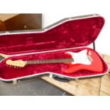 A SQUIRE ELECTRIC GUITAR IN CARRYING CASE.