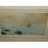 PETER TOMS (20th.C.SCHOOL) ARR. TRAWLERS OFF PORTLAND BILL. SIGNED WATERCOLOUR. 23.5 x 34cms.