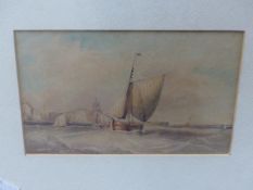 19th.C.ENGLISH SCHOOL. FISHING BOATS COMING INTO PORT, WATERCOLOUR. 12.5 x 18.5cms.