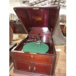 A MAHOGANY CASED HIS MASTERS VOICE WIND UP GRAMOPHONE WITH GREEN BAIZE TOPPED TURNTABLE, LINE INLAID