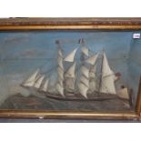 A 19th.C. DIORAMA OF A THREE MASTED CLIPPER WITHIN GLAZED FRONT CASE, PAINTED WATERLINE AND SKY.
