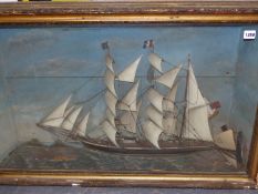 A 19th.C. DIORAMA OF A THREE MASTED CLIPPER WITHIN GLAZED FRONT CASE, PAINTED WATERLINE AND SKY.