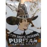 AN F MASON & Co. ENAMEL SIGN FOR PURITAN LEATHER SHOE SOLES AND FEATURING A PURITAN MAN AGAINST